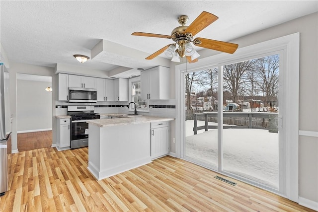 kitchen featuring a peninsula, stainless steel appliances, light wood-type flooring, and a sink