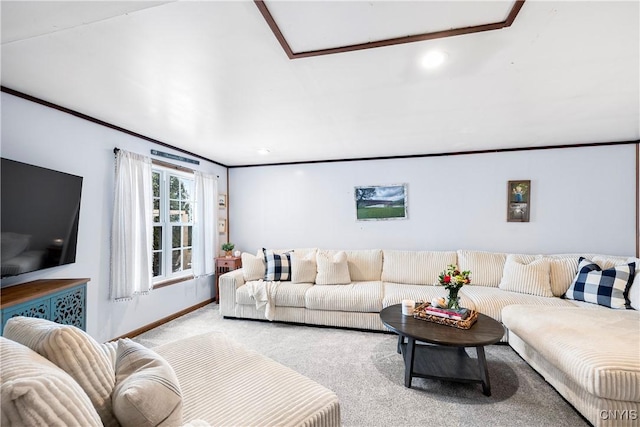 living room with recessed lighting, crown molding, baseboards, and carpet floors