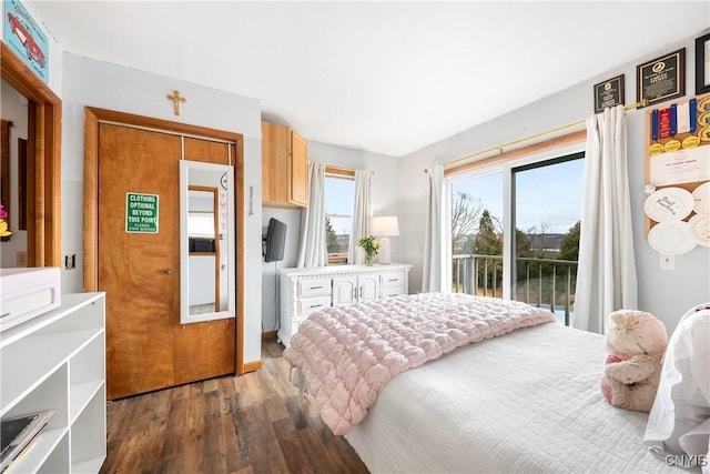 bedroom featuring dark wood-style floors and access to exterior