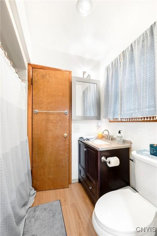 full bathroom featuring toilet, vanity, and wood finished floors