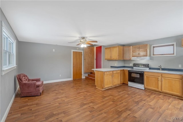 kitchen with light wood finished floors, under cabinet range hood, baseboards, and electric range oven