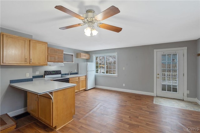 kitchen featuring wood finished floors, freestanding refrigerator, light countertops, under cabinet range hood, and range with electric stovetop