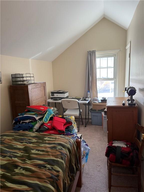 bedroom featuring lofted ceiling and carpet flooring