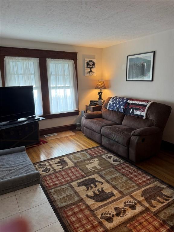 living area featuring a textured ceiling and wood finished floors