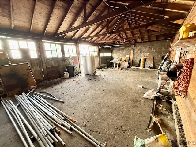 misc room featuring gas water heater and lofted ceiling