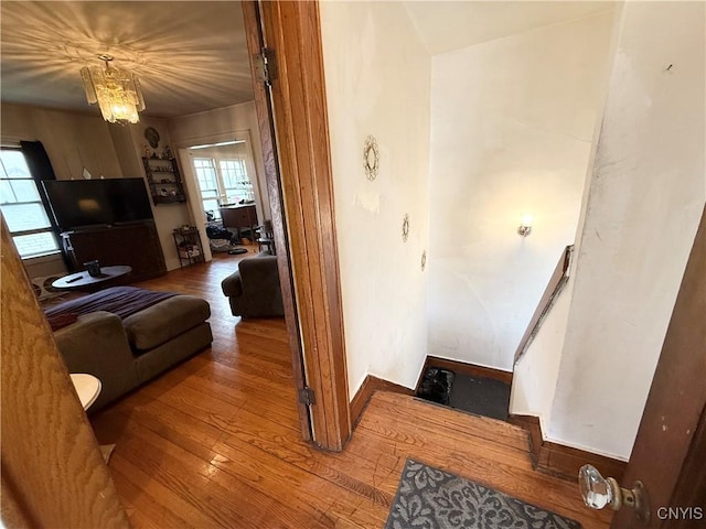 living area featuring hardwood / wood-style flooring, a notable chandelier, and baseboards