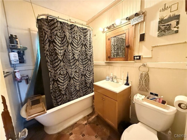 bathroom featuring tile patterned flooring, toilet, vanity, and shower / bathtub combination with curtain