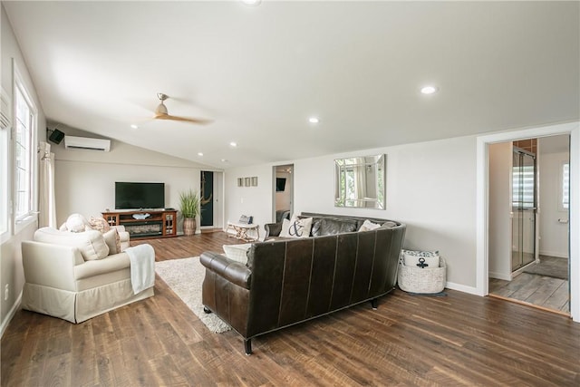 living area featuring recessed lighting, a wall mounted AC, lofted ceiling, and wood finished floors