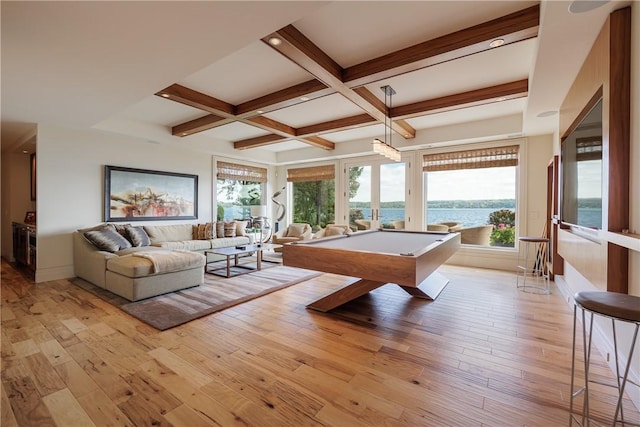 recreation room featuring beam ceiling, coffered ceiling, billiards, and light wood-style floors