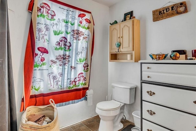 bathroom featuring tile patterned flooring, toilet, and vanity