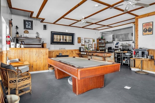 game room with pool table, concrete floors, and a ceiling fan