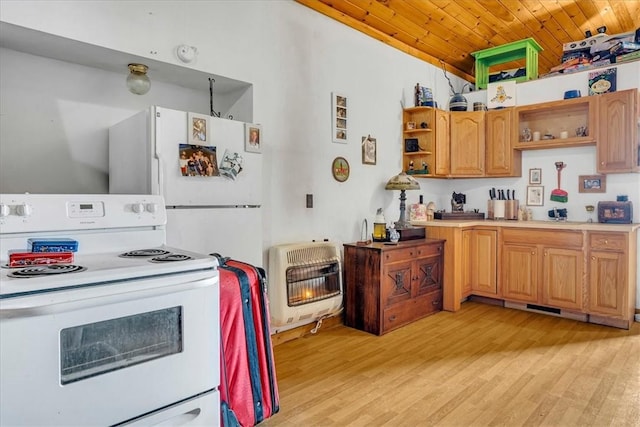 kitchen featuring heating unit, light wood finished floors, white range with electric cooktop, open shelves, and wood ceiling