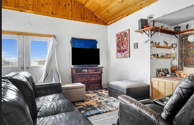 living room with wooden ceiling and vaulted ceiling
