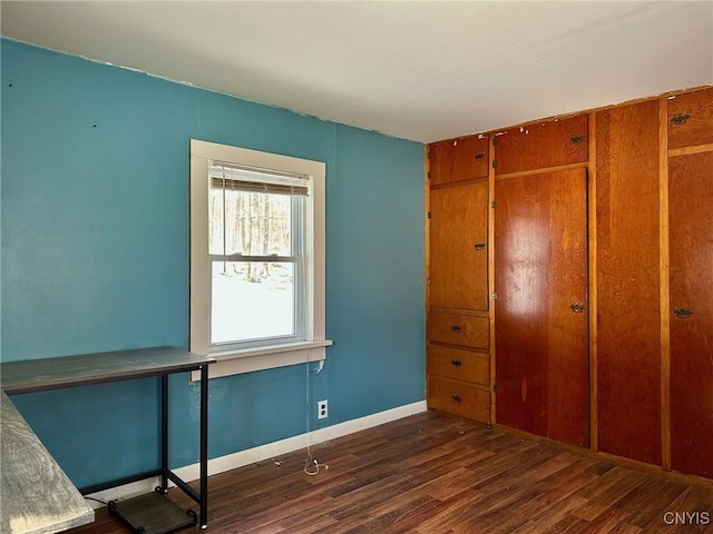 unfurnished bedroom with wood finished floors, baseboards, and a closet