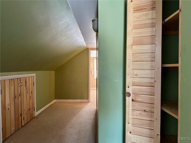 additional living space with carpet flooring, baseboards, and lofted ceiling