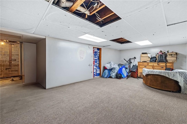 below grade area featuring a paneled ceiling and carpet flooring