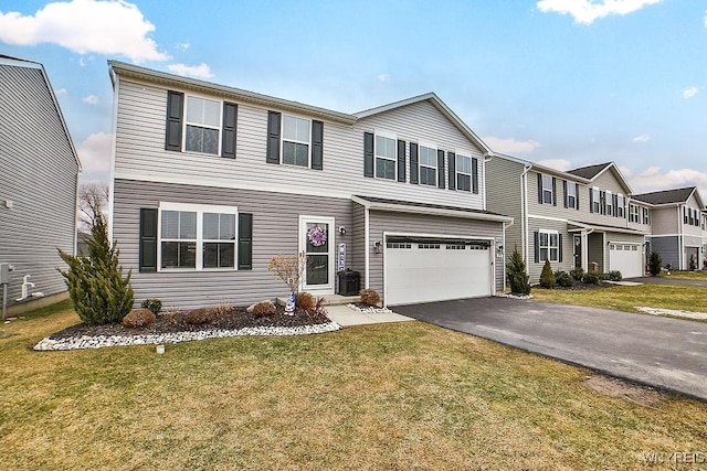 view of front of home with a front lawn, central air condition unit, an attached garage, and driveway