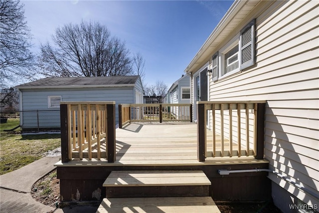 wooden terrace featuring fence