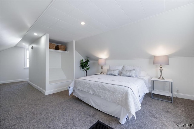 carpeted bedroom with recessed lighting, baseboards, and lofted ceiling