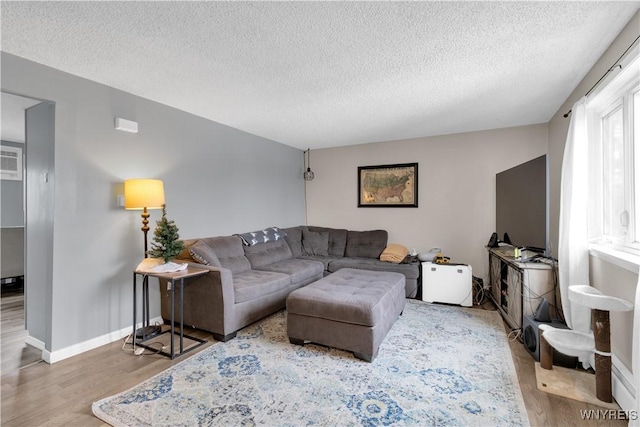 living area featuring wood finished floors, baseboards, and a textured ceiling