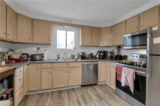 kitchen featuring decorative backsplash, appliances with stainless steel finishes, light wood-style floors, and a sink