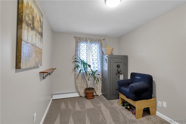 living area featuring baseboards, a baseboard heating unit, and carpet