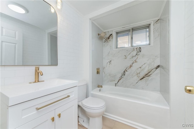 bathroom with vanity, decorative backsplash, shower / bathing tub combination, toilet, and tile walls