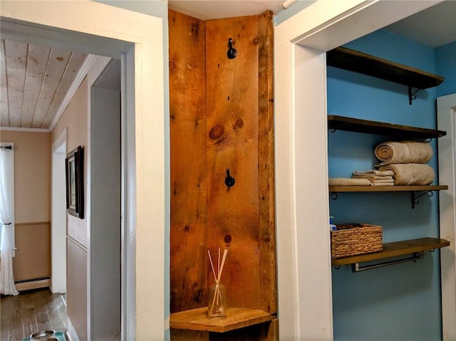 interior space featuring dark wood finished floors, crown molding, and a baseboard radiator