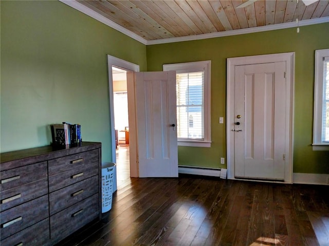 entrance foyer with dark wood finished floors, crown molding, wooden ceiling, and baseboard heating