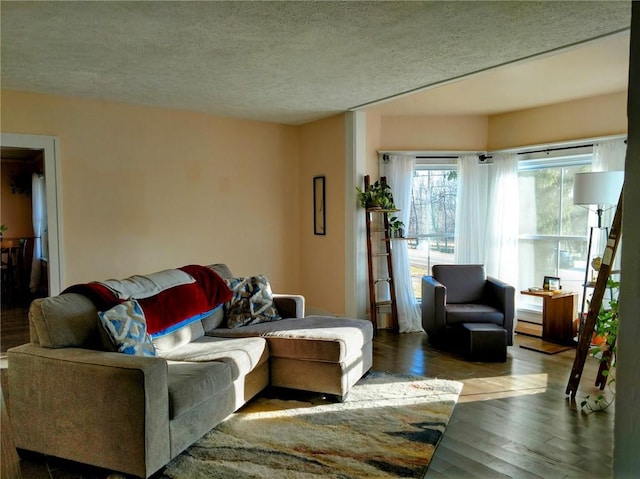 living room with wood finished floors and a textured ceiling