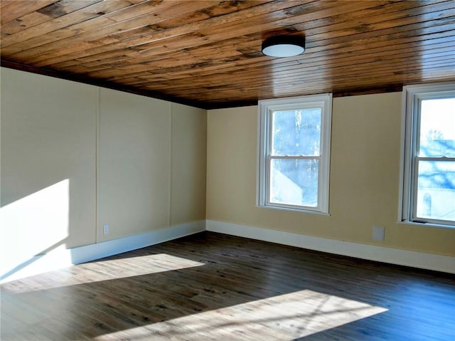 unfurnished room with wood ceiling, baseboards, and wood-type flooring