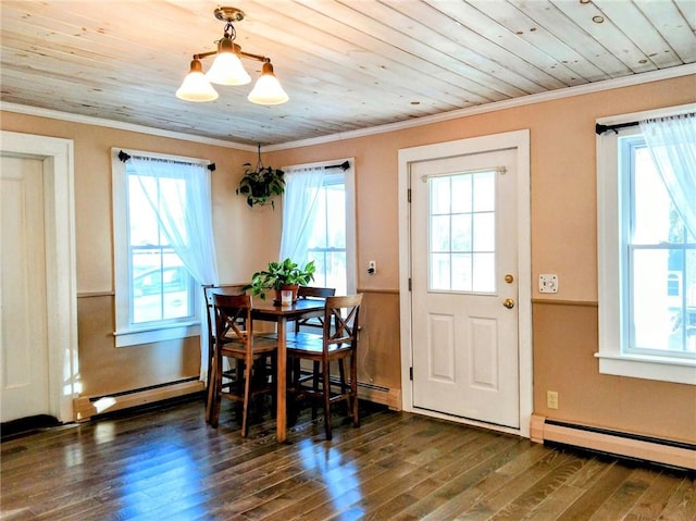 dining area with a wainscoted wall, baseboard heating, wood ceiling, and crown molding