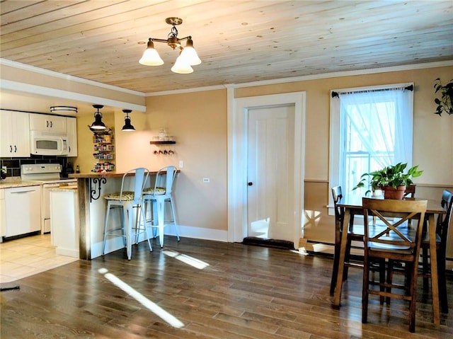 dining space featuring wood finished floors, wood ceiling, and ornamental molding