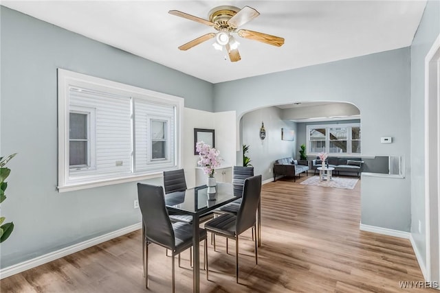 dining space featuring a ceiling fan, wood finished floors, arched walkways, and baseboards