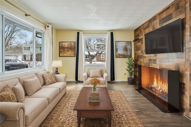 living room featuring baseboards, wood finished floors, and a fireplace