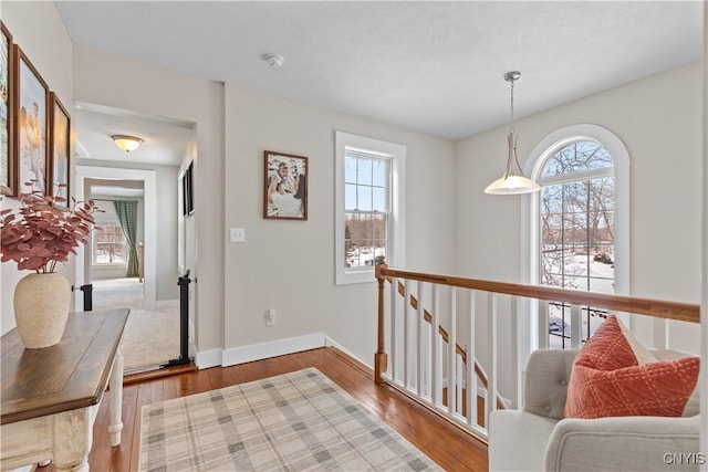 hallway featuring an upstairs landing, a healthy amount of sunlight, baseboards, and hardwood / wood-style flooring