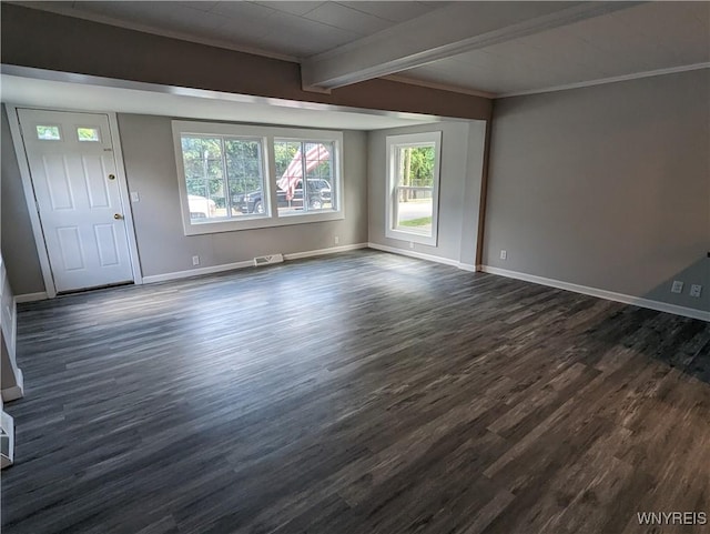 unfurnished living room featuring beam ceiling, visible vents, dark wood-type flooring, and baseboards