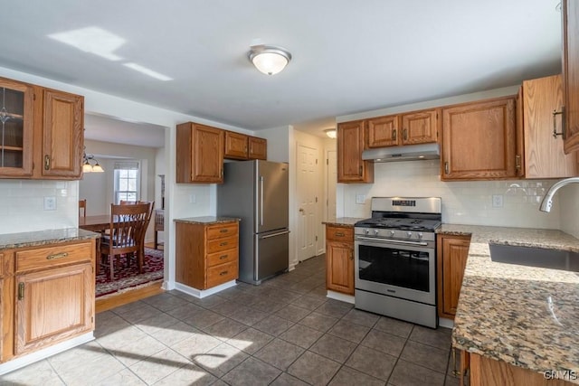 kitchen featuring a sink, under cabinet range hood, tasteful backsplash, appliances with stainless steel finishes, and light stone countertops