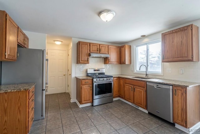 kitchen with a sink, decorative backsplash, under cabinet range hood, appliances with stainless steel finishes, and brown cabinets