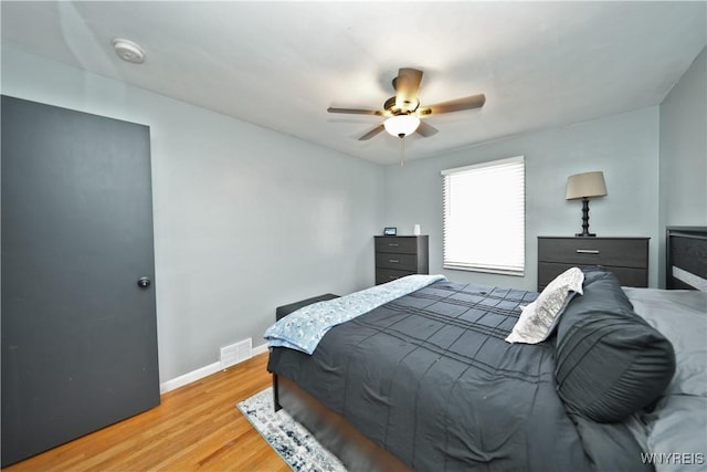 bedroom with visible vents, ceiling fan, baseboards, and light wood-style floors