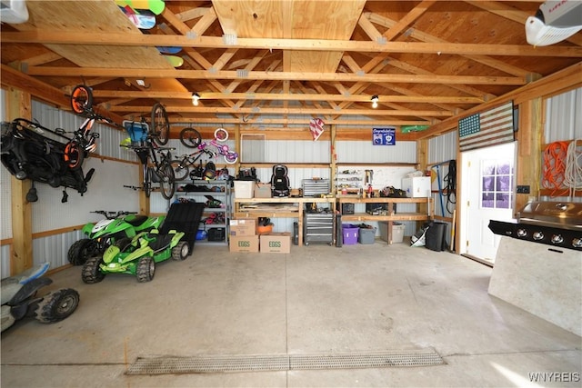 garage with a workshop area