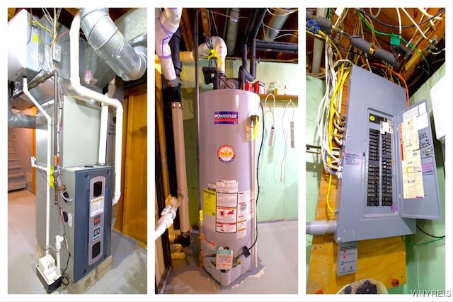 utility room featuring water heater, heating unit, and electric panel