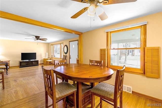 dining space with ceiling fan, visible vents, baseboards, and light wood-style flooring