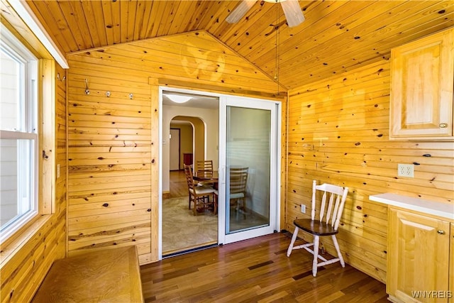 interior space with arched walkways, wood walls, dark wood finished floors, and lofted ceiling