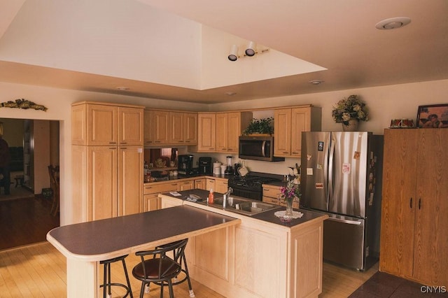 kitchen with light wood finished floors, a sink, light brown cabinetry, appliances with stainless steel finishes, and dark countertops