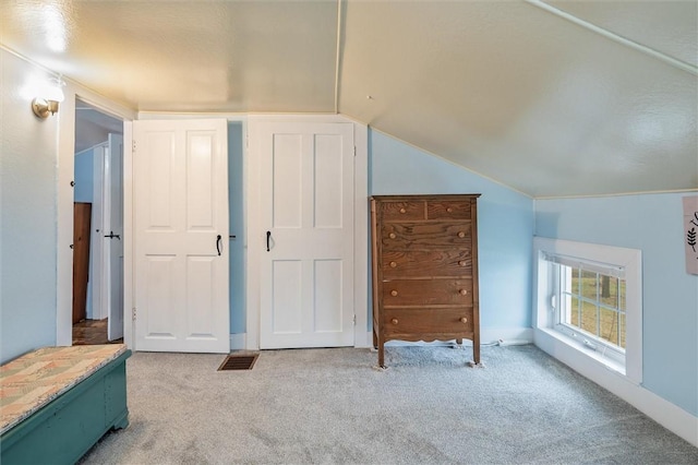 carpeted bedroom with vaulted ceiling