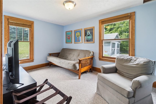 interior space with baseboards, carpet floors, and a textured ceiling