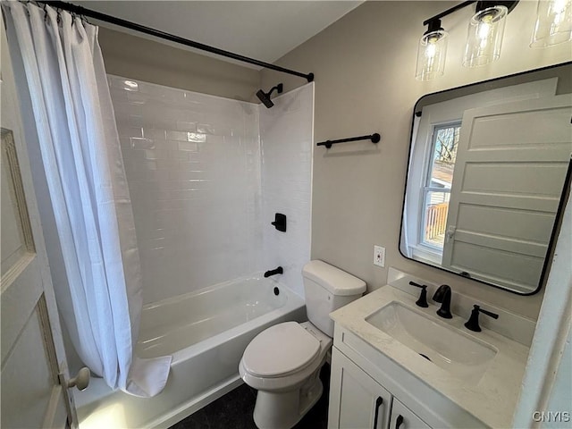 full bath with shower / bathtub combination with curtain, toilet, and vanity