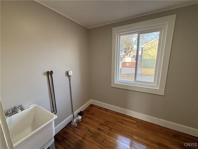 bathroom with crown molding, baseboards, wood-type flooring, and a sink