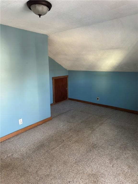 additional living space featuring baseboards, carpet floors, a textured ceiling, and vaulted ceiling